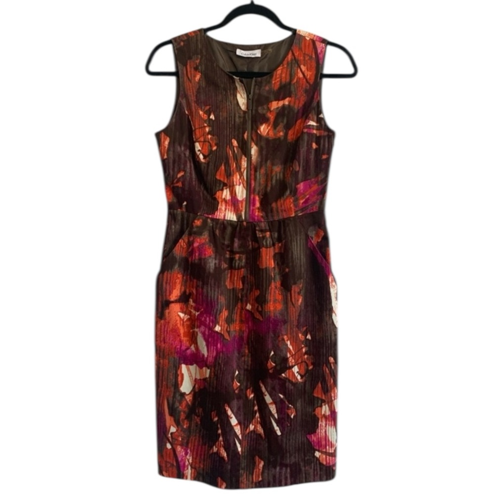 Calvin Klein multi coloured zip front dress lined Cotton pockets size 4